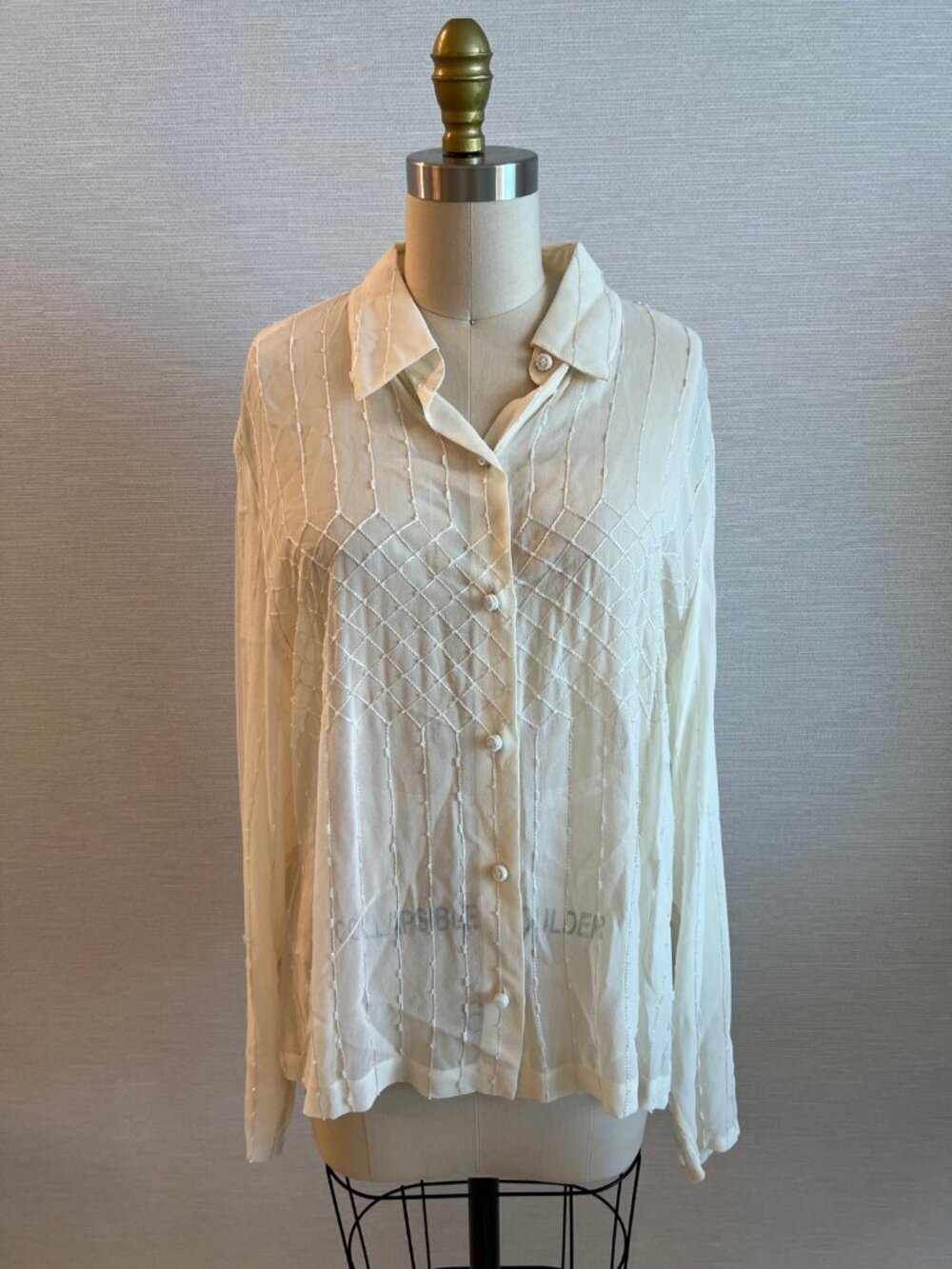 Emanuel Ungaro Cream Beaded Silk Blouse Button Front Diamond Beads Size 16
